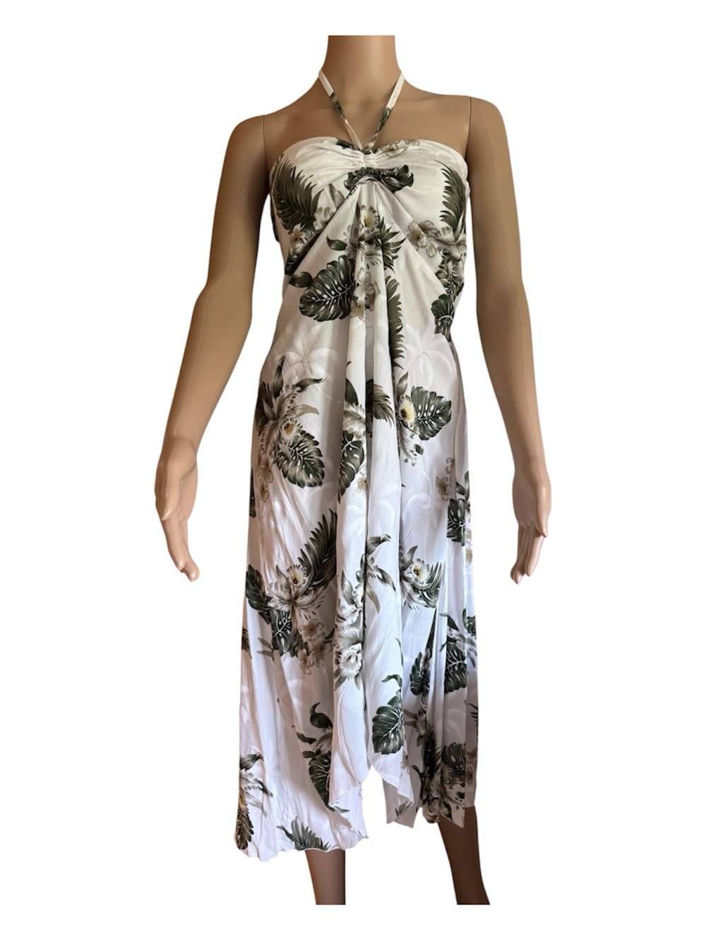 Made in Hawaii White Tropical Convertible Halter Strapless High Low Midi Dress